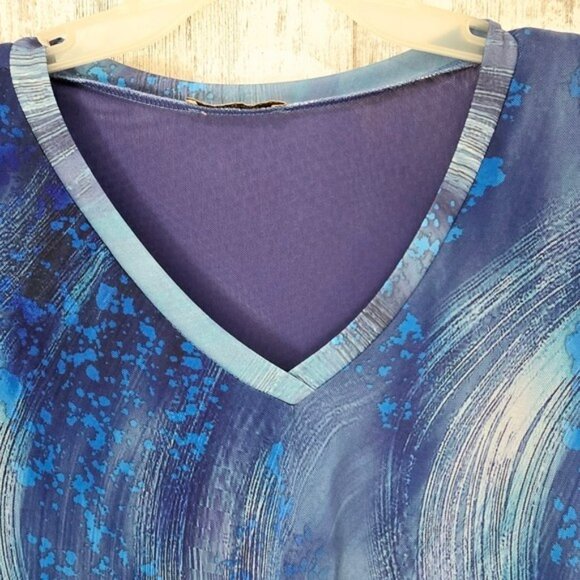 Timeson Women's Blouse Size XL Flowy Blue Artsy Waves Sheer Lined Stretchy Boho - Picture 2 of 16